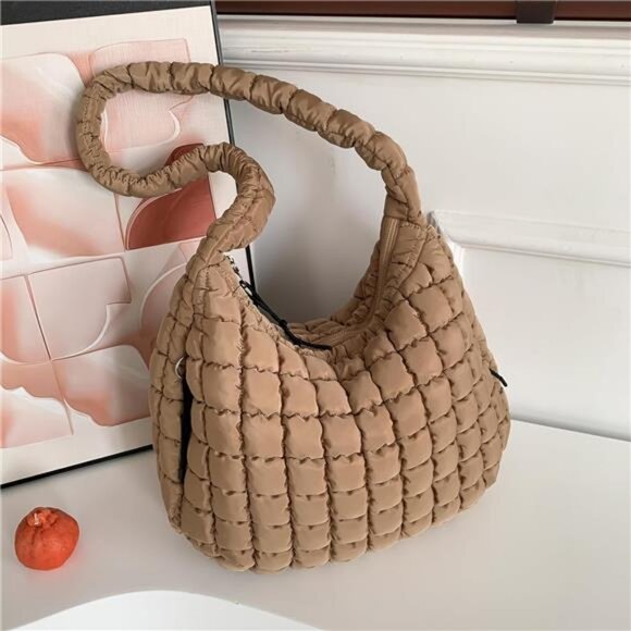Quilted Puffer Tote Shoulder Bag for Women - Lightweight Nylon - Picture 3 of 7